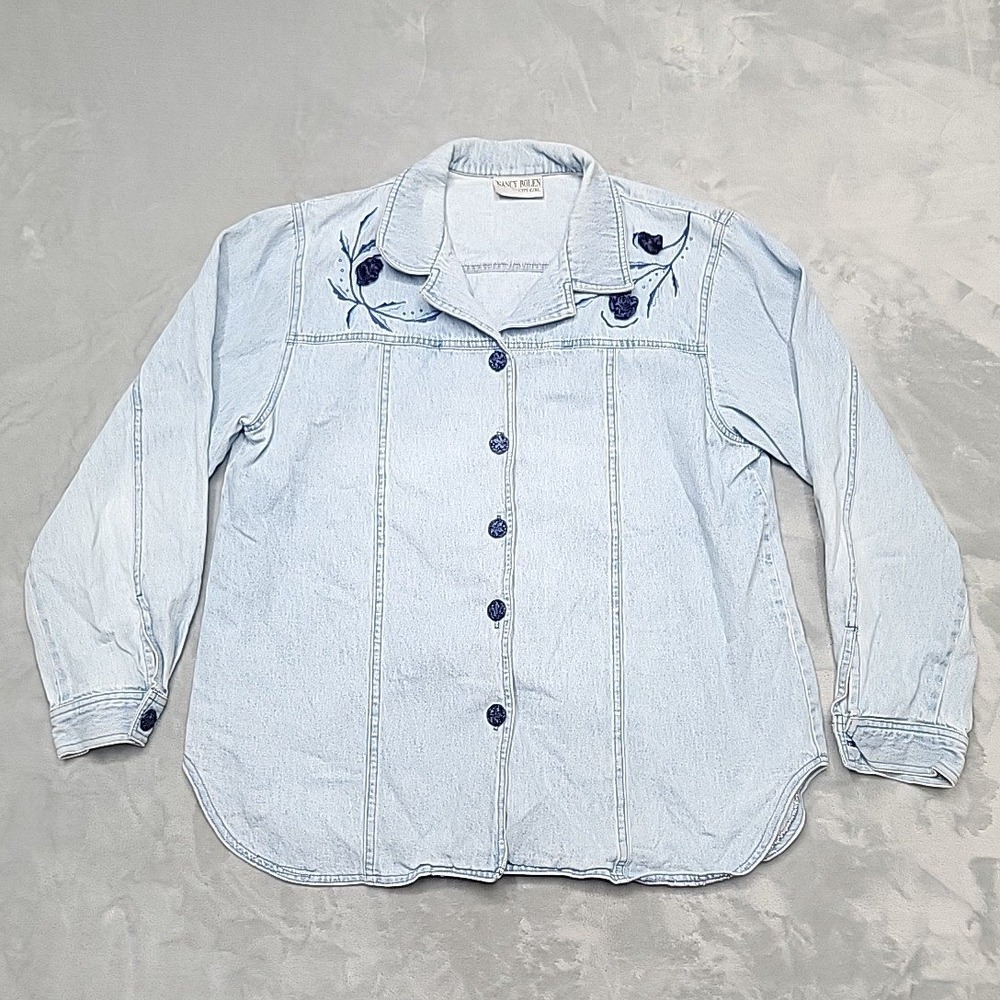 Nancy Bolen For City Girl Shirt Womens Blue Denim Embroidered Floral Button Down